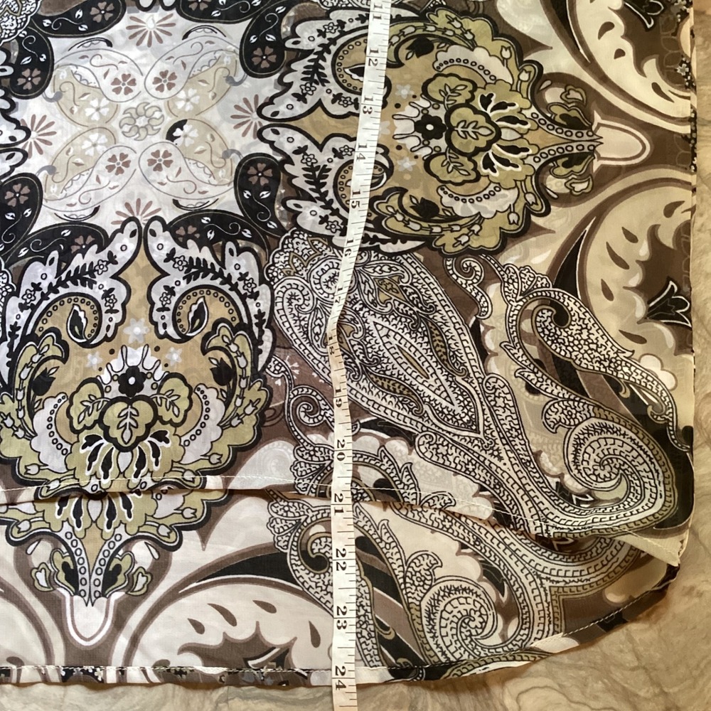 One World Paisley Chiffon Blouse Crochet Lace Shoulder Boho Top Brown Cream PM - Picture 9 of 10